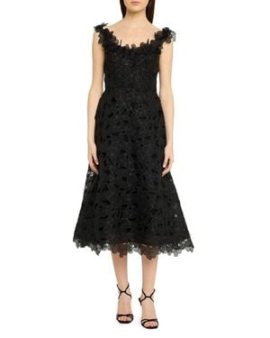 Teri Jon Organza Lace Sleeveless 3D Flower Neckline A Line Dress - Black