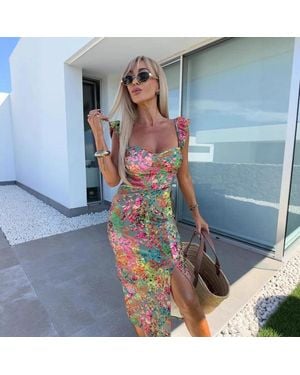 TRUEDAMES Summer Elegant Design French Floral Spaghetti Strap Slit Midi Dress - Blue