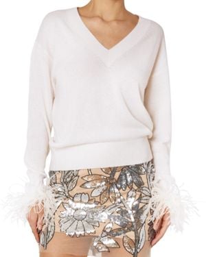 MILLY Feather Cuff V-Neck Sweater - White