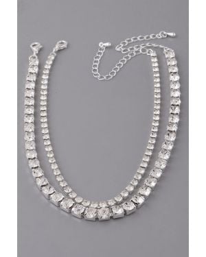 Fashnzfab Double Rhinestone Choker Necklace - Gray