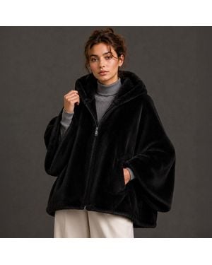 TRUEDAMES Reversible Hooded Faux Fur Cape Jacket - Black