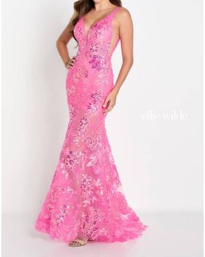 Ellie Wilde Sheer-Skirt Long Prom Dress - Pink
