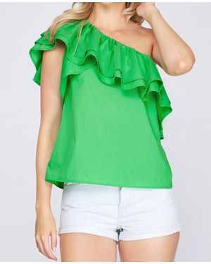 She + Sky Flirty Looks Ruffle One Shoulder Top - Green