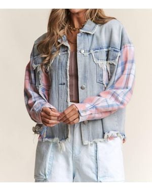 J.Nna Color Block Plaid And Denim Jacket - Blue