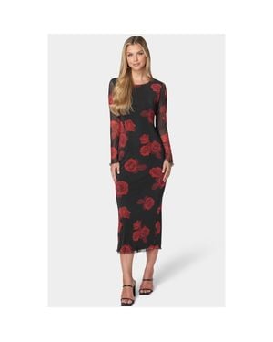 Bebe Long Sleeve Printed Powermesh Maxi - Red