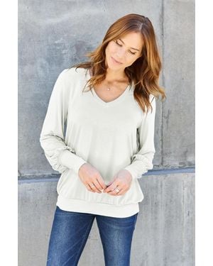TRUEDAMES Full Size V-Neck Lantern Sleeve Blouse - White