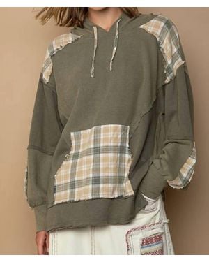 Pol Plaid Perfection Boxy Balloon-Sleeved Hoodied Top - Green