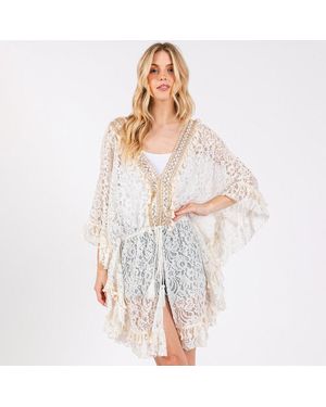 TRUEDAMES Flower Lace Tassel Deco Cover Up Poncho - White
