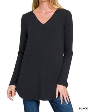 Zenana Long Sleeve V-Neck Round Hem Top - Black