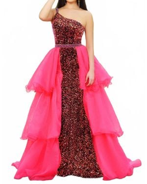Ava Presley Asymmetrical Sequin Gown With-Tiered Overlay Skirt - Pink