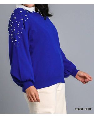 Umgee Round Neck Pullover Sweater With Long Sleeve Pearl Details - Blue
