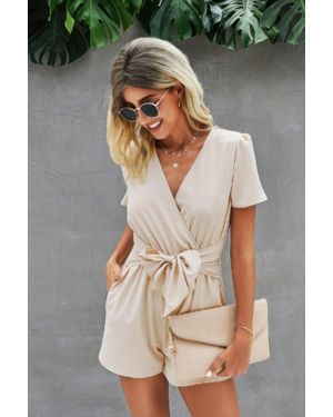TRUEDAMES Stretch Belted Plunge Neck Wrap Knot Side Romper - Black