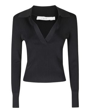 IRO Waves Ribbed Deep V-Neck Polo Collar Viscose Top - Black