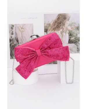 Fashnzfab Rhinestone Hotfix Ribbon Nylon Hard Case Clutch - Pink