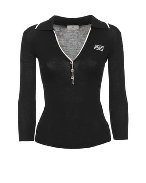 Elisabetta Franchi Ribbed Wool Sweater With Profile Collar And Accents - Black