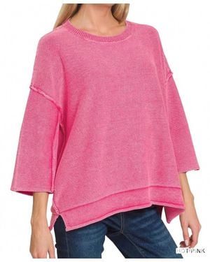 Zenana Mineral Washed 3/4 Sleeve Boxy Sweater - Pink
