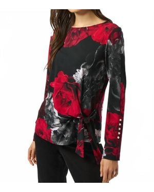 Joseph Ribkoff Floral Print Boat Neck Long Sleeves Fitted Top - Red