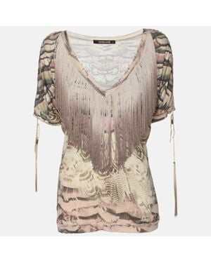 Roberto Cavalli Printed Silk Fringed Neckline V-Neck Top - Gray
