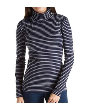 Three Dots Tahoe Stripe Diane Turtleneck Long Tight Shirt - Blue