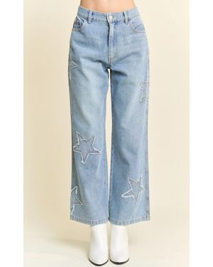 Davi & Dani Star Patchwork Side Pocket Wide Leg Denim Pants - Blue
