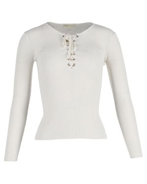 Maje Lace-Up Ribbed Stretch-Knit Sweater - White
