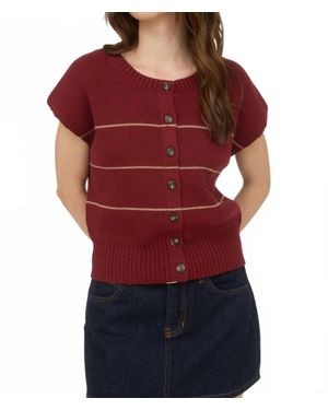 The Workshop Studio Stripe Button Down Short Sleeve Knit Cardigan - Red