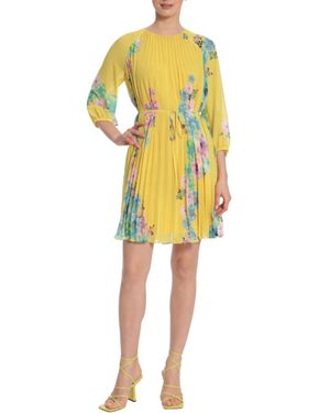 Maggy London Floral Pleated Knee Length Dress - Yellow