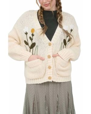 Blu Pepper Floral Embroidery V Neck Button Down Knit Cardigan - Natural
