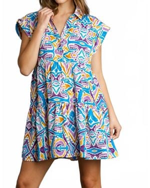 Umgee Aztec Printed Tiered Collared Mini Dress - Blue