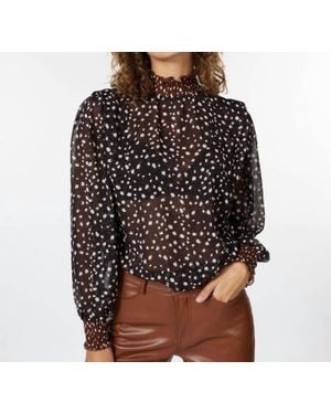 EsQualo Selena Smocked Animal Steps Long Sleeve Blouse - Brown