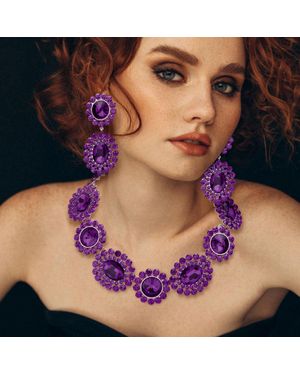 Fashnzfab Round Oval Stone Accented Evening Necklace - Purple