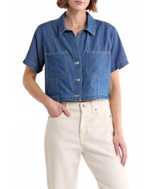 Blu Pepper Collared Button Down Boxy Top - Blue