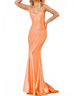 strapless open back dress Jovani -22811 Iridescent Sequin Low V-Neck Prom Dress 0 / Iridescnt Berry
