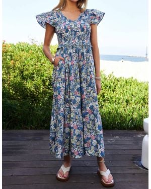 Davi & Dani Vintage Garden Floral Flutter Smocking Midi Dress - Green