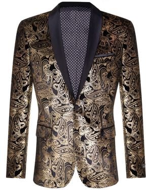 Oliver Tweed Classic Paisley Velvet Tuxedo Dinner Jacket Tailored Fit Blazer - Black