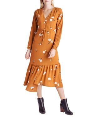 Kensie Floral Long Sleeve V-Neck Dress - Orange