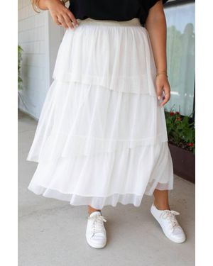 Mystree Whimsical Layers Asymetrical Ruffle Tulle Midi Skirt - White