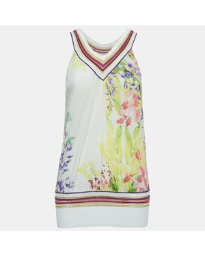 Roberto Cavalli Floral Print Silk V-Neck Sleeveless Top - Green