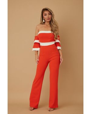 TRUEDAMES Off Shoulder N Color Combo Jumpsuit - Red