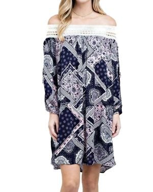 Kori Batik Patchwork Off The Shoulder Dress - Blue