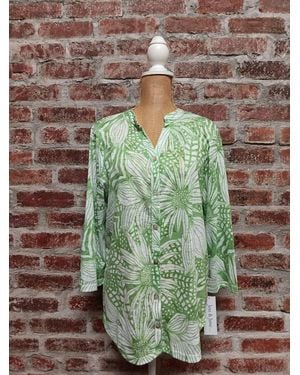 Jess & Jane Floral Button Down 3/4 Sleeve Top - Green