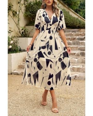 TRUEDAMES Fashnzfab Bohemian V Neck Elastic Waisted Band Midi Dress - Brown