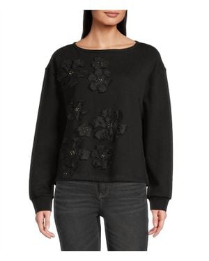 Tru Luxe Flower Applique Crew Neck Knit Top - Black