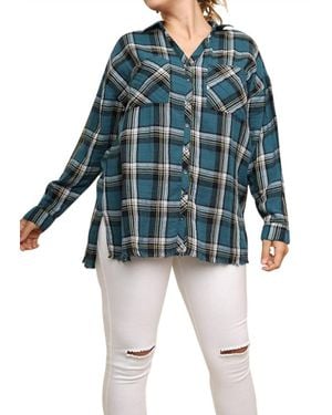 Umgee Plaid And Frayed Cotton Top - Blue