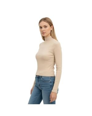 AMBAR Sleek Stretch Essential Mock-Neck Long Sleeve Top - Natural