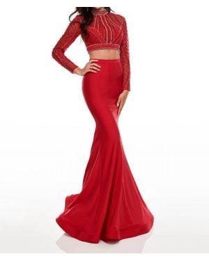 Rachel Allan Long Sleeve Lycra Jersey Two-Piece Beaded Prom Gown - Red