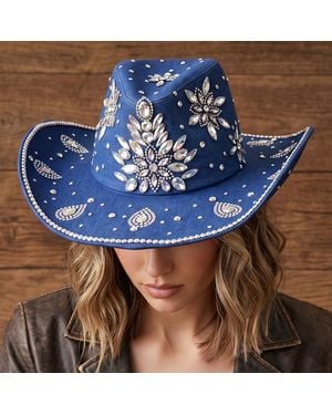 Fashnzfab Bold Decorative Floral Bling Rhinestone Embellished Western Cowboy Hat - Blue