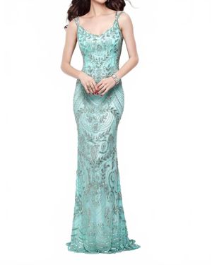 Primavera Beaded Long Evening Dress - Green