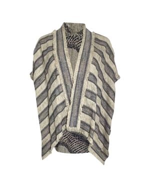 Maje Vona Striped Fringed Poncho - Gray