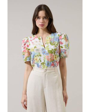 Sugarlips Esther Floral Puff Sleeve Top - Natural